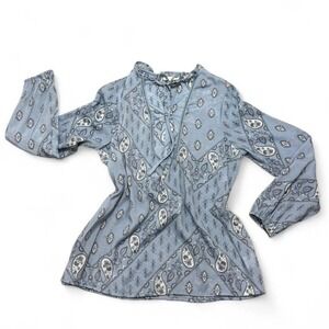 Blue and white paisley print key hole neck long sleeve elastic blouse boho